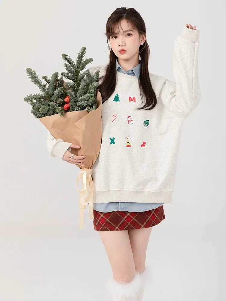 Snowman Graphic Print Hoodie Christmas Kawaii Oversized Sweatshirts Long Sleeve Cutecore Winter Clothes New