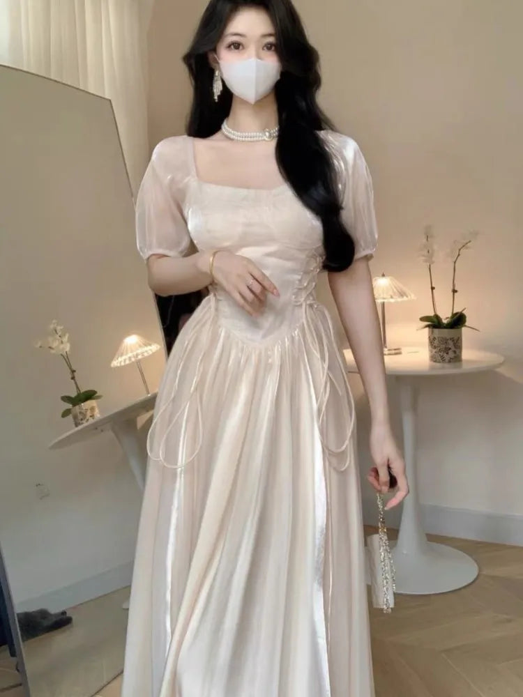 French Bubble Sleeves Dresses Summer Square Collar Evening Party Prom Sweet Chiffon Long Dress