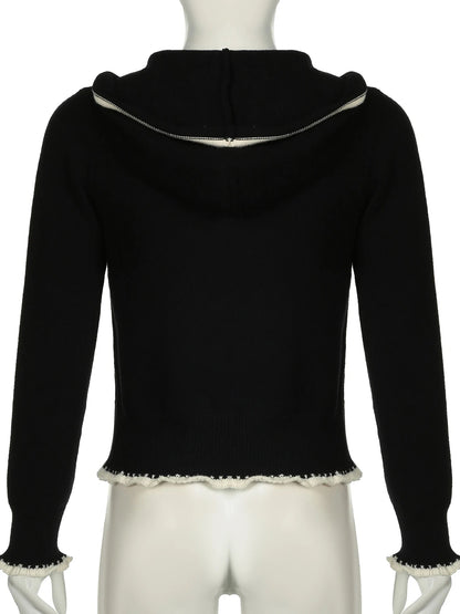 Lace Trim Pocket Patchwork Drawstring Hooded Slightly Thick Coat Y2k Zip Up Slim Sweater Autumn Winter Clothes