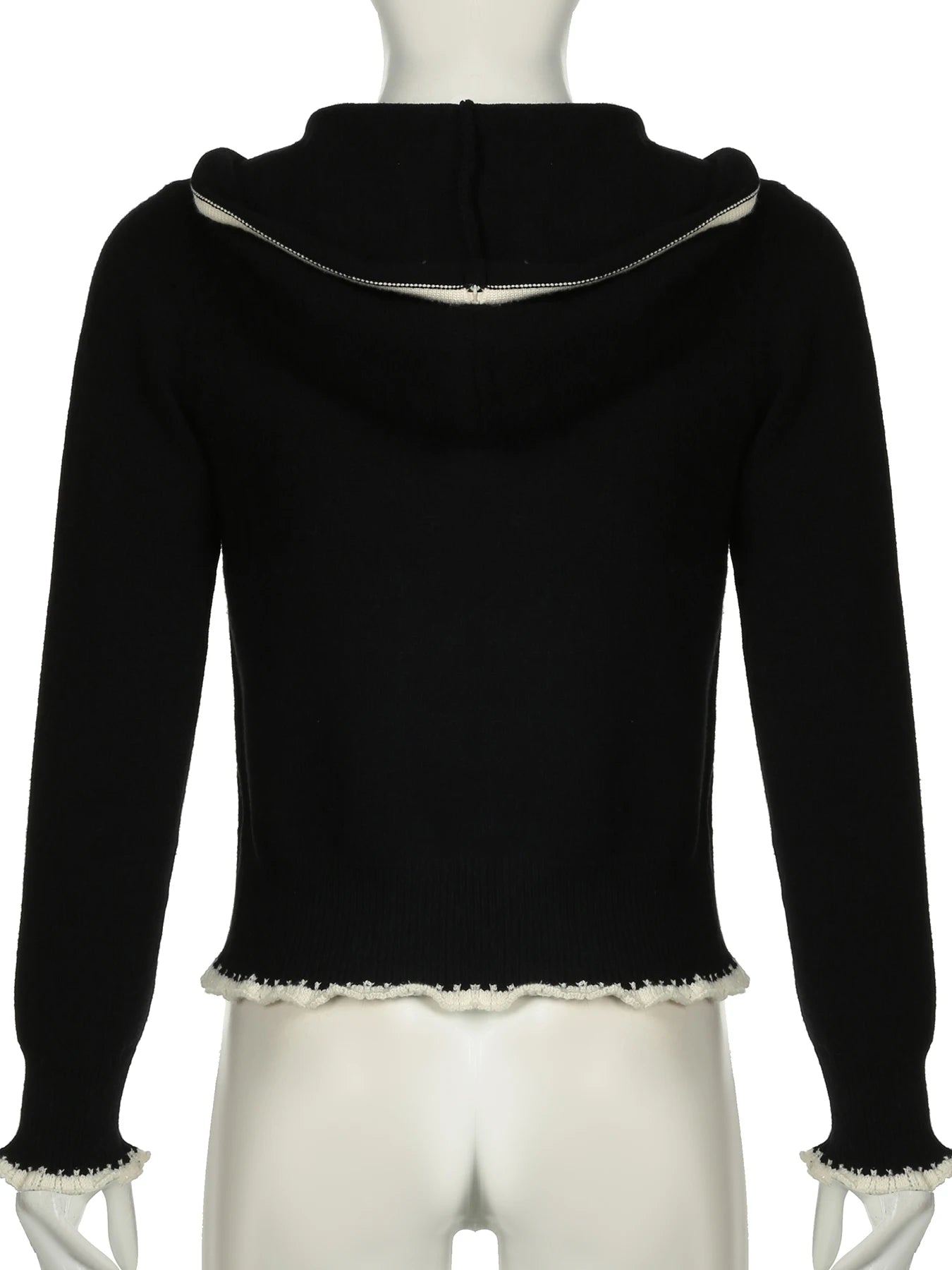 Lace Trim Pocket Patchwork Drawstring Hooded Slightly Thick Coat Y2k Zip Up Slim Sweater Autumn Winter Clothes