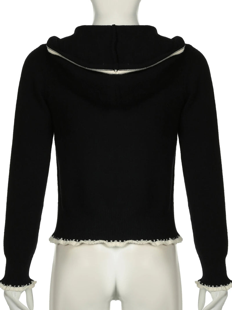Lace Trim Pocket Patchwork Drawstring Hooded Slightly Thick Coat Y2k Zip Up Slim Sweater Autumn Winter Clothes