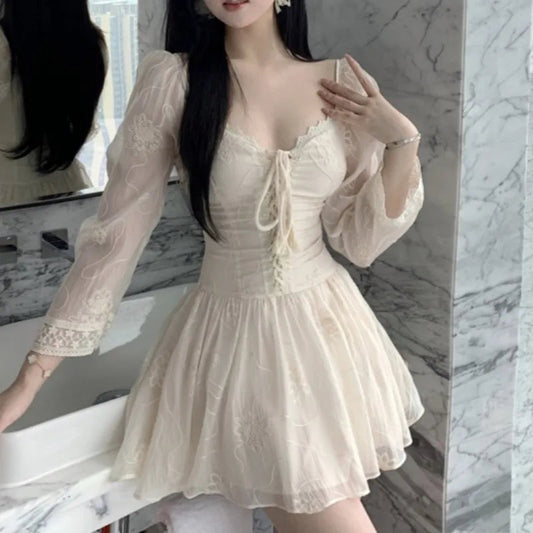 Lace Mini Dresses Spring Autumn V Neck Dress Korean Aline Vestidos Mujer