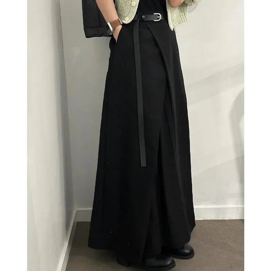 Color Pleated Midlength Skirt Summer New Korean High Waist Loose All Match Aline Skirt