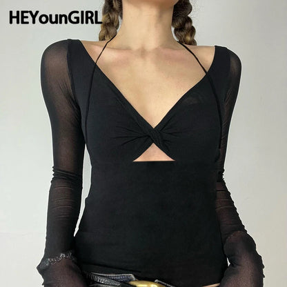 Stylish Cut Out Front Black Top for Mesh Long Sleeve V-neck Halter T-shirt Autumn Fitted Tees