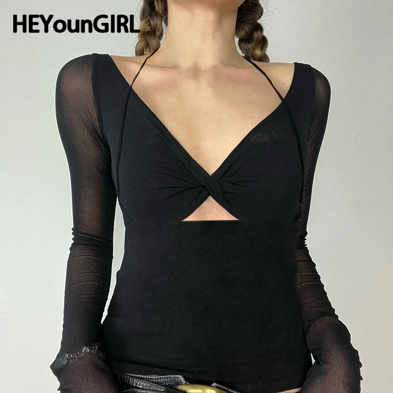 Stylish Cut Out Front Black Top for Mesh Long Sleeve V-neck Halter T-shirt Autumn Fitted Tees