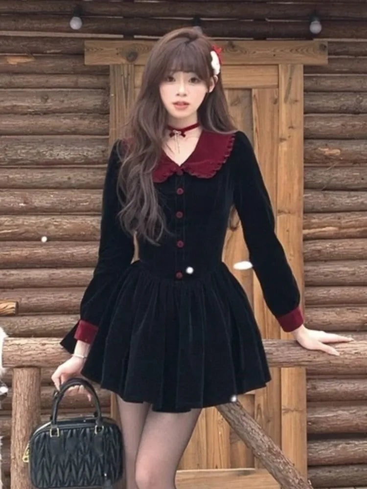 Black Velvet Dresses French Sweet Birthday Party Mini Dress Autumn Spring Female Pleated Aline Short Vestidos