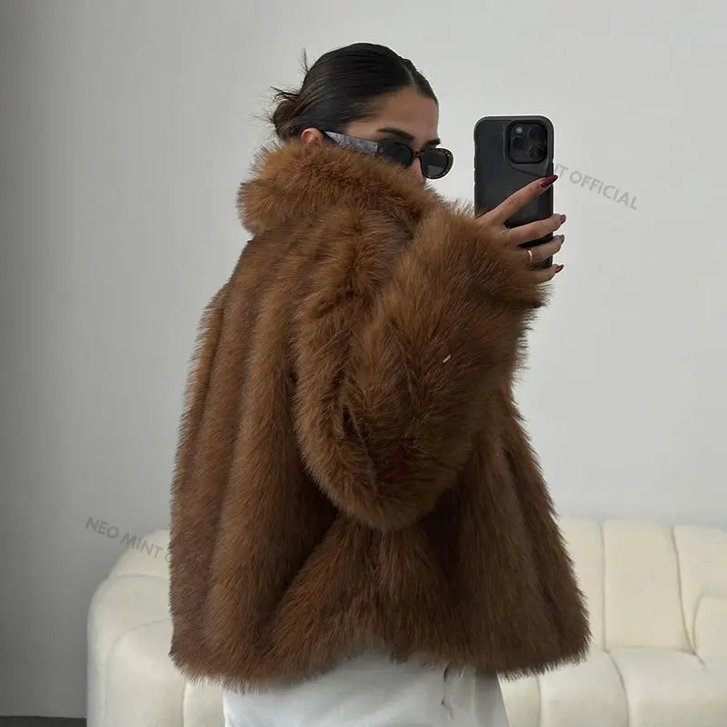 Winter Iconic Blogger Fluffy Square Collar Faux Fur Coat Ins Hot Fox Fur Jacket Outerwear