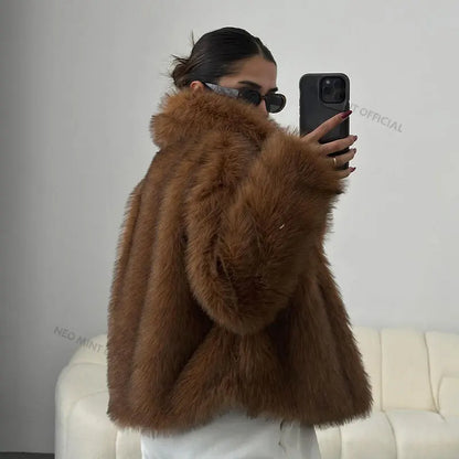 Winter Iconic Blogger Fluffy Square Collar Faux Fur Coat Ins Hot Fox Fur Jacket Outerwear