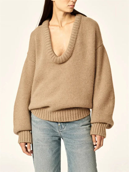 Autumn Knit Sweater Pullover Loose Female Patchwork Scoop Neck Striped Long Sleeve Knitwear Y2k Top Pullover