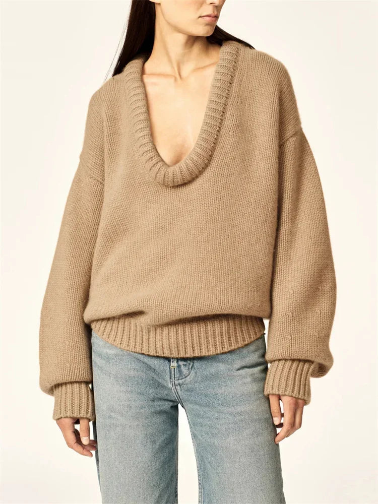 Autumn Knit Sweater Pullover Loose Female Patchwork Scoop Neck Striped Long Sleeve Knitwear Y2k Top Pullover