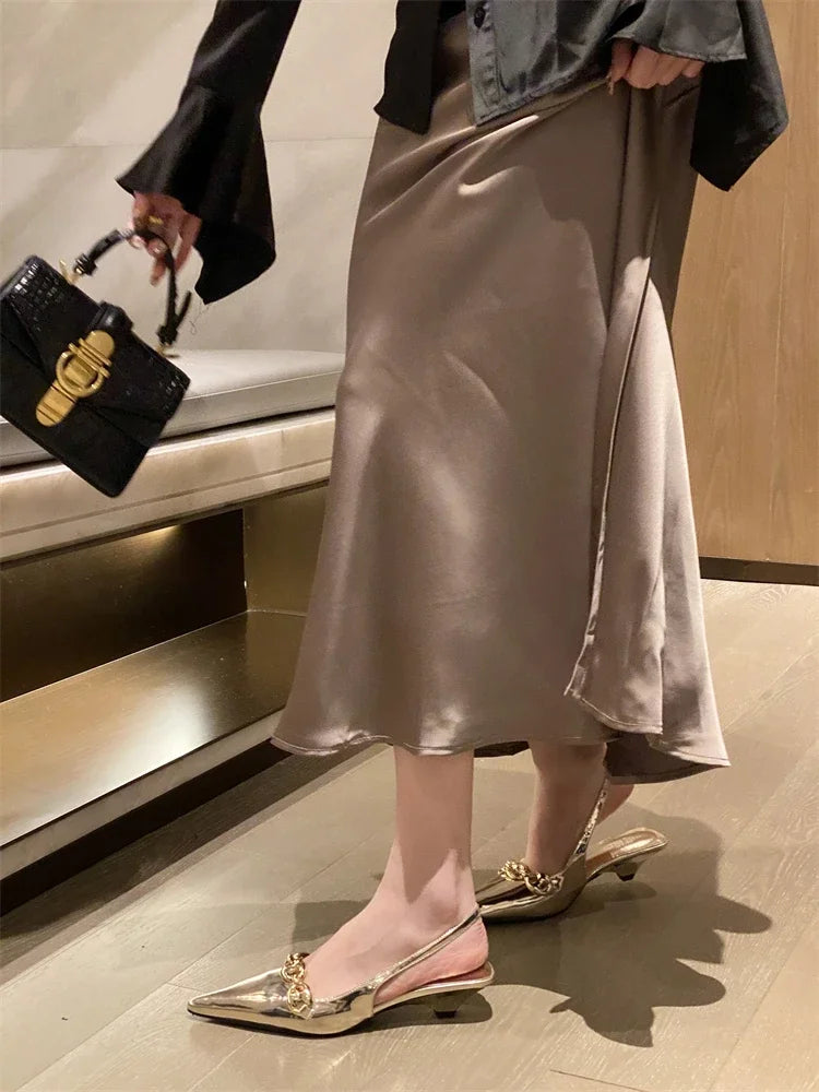 Metal Decoration Pointed Toe Pumps Thin Low Heels Sandals Dress Mules Shoes