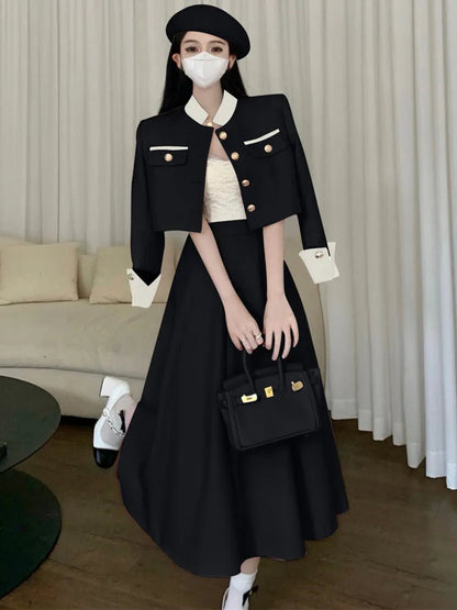 New Small Fragrance Two Piece Set Short Jacket Coat + Long Skirt Suits Korean Ol 2 Piece Sets