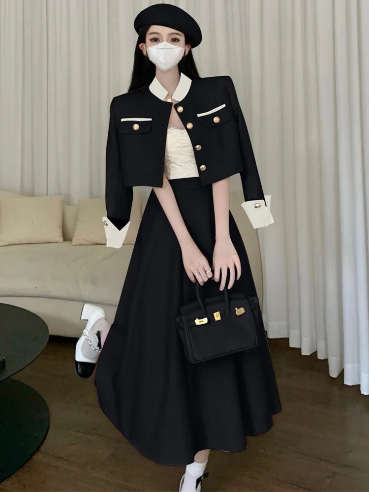 New Small Fragrance Two Piece Set Short Jacket Coat + Long Skirt Suits Korean Ol 2 Piece Sets
