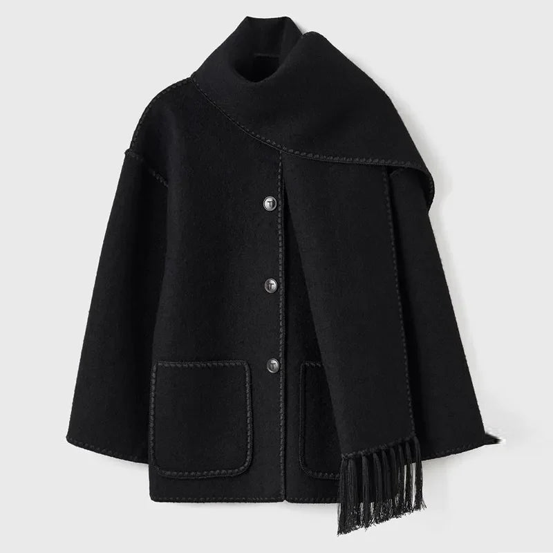 Loose Coat With Scarf Long Sleeve Pocket Single Breasted Female Coats Autumn Winter Lady Jacket