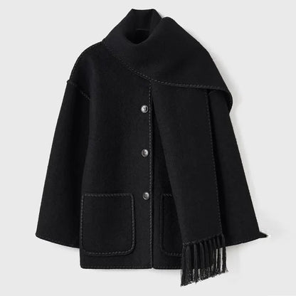 Loose Coat With Scarf Long Sleeve Pocket Single Breasted Female Coats Autumn Winter Lady Jacket