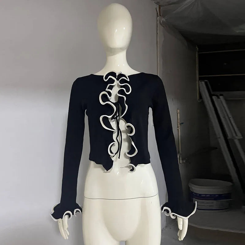 Slim Ruffle Lace Up Blouse Patchwork Hollow Out Short Cardigan Female Autumn Street Knitwear