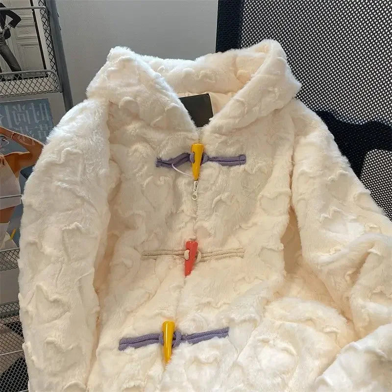 Autumn and Winter New Style Small Fragrance Unique White Plush Coat Hooded Colorful Horn Button Plush Top