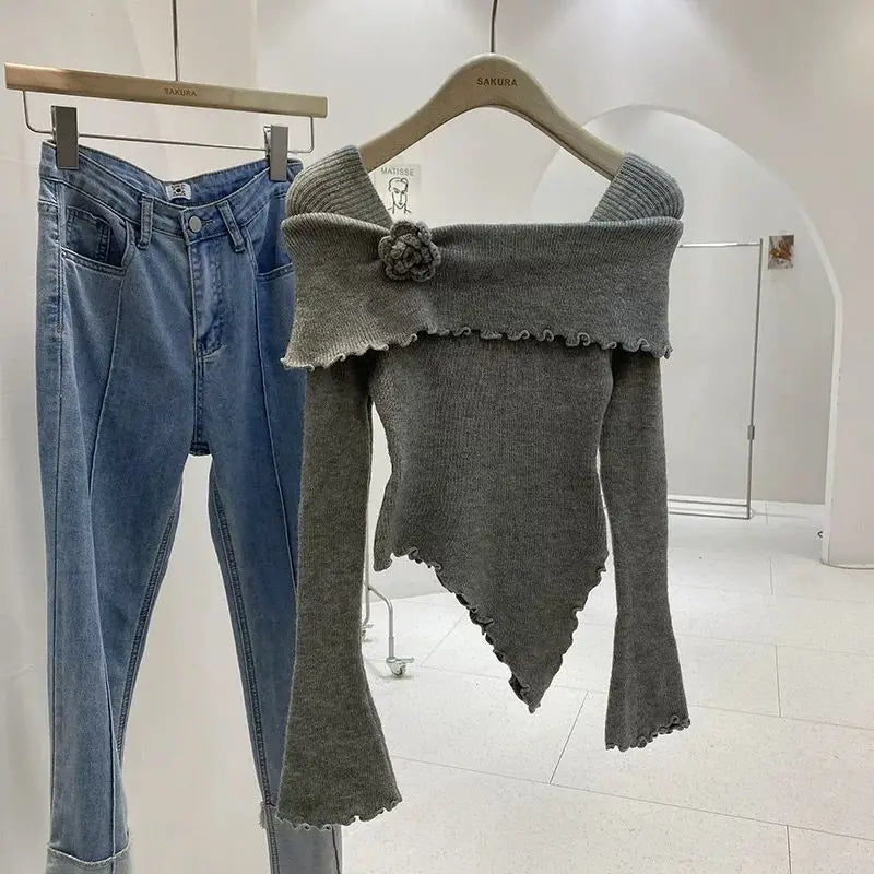 Sweet Hot Girl Threedimensional Flower Knitted Sweater for Autumn Off Shoulder Slim Fit Base Sweater Female Clothes