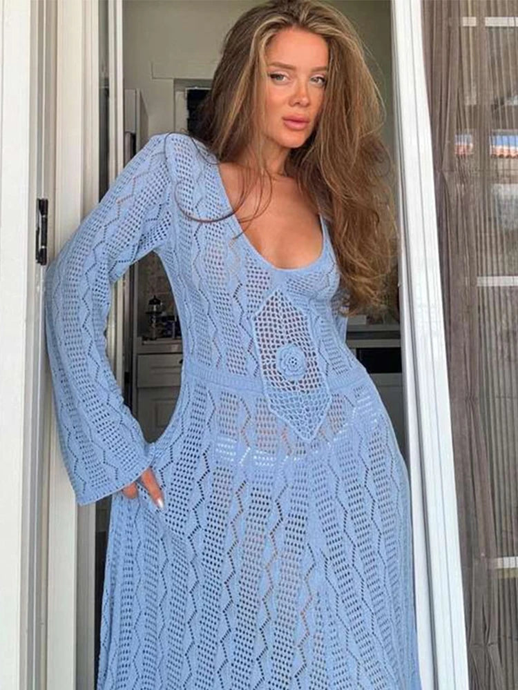 Knit Long Dress Slim Round Neck Hollow Vestidos Female Autumn Lady Holiday Beach Robe