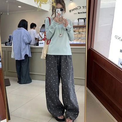 Summer Hot Retro Internet Celebrity Korean New Straight Tube Loose Wave Embroidery Pants Trend