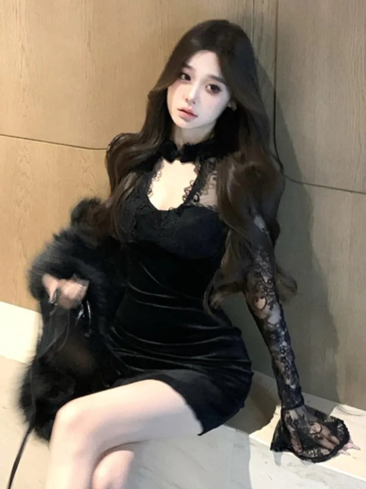 Velvet Mini Dress for Korean Lace Patchwork Flare Sleeve Party Short Dresses Female Slim Waist Vestidos New