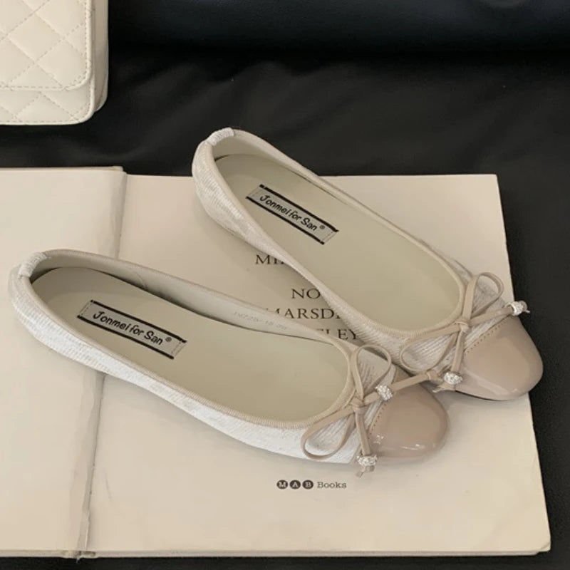 Comfortable Round Toe Flats Sweet Bow Designer Brand Shoes Lace Shallow Ballet Shoes Zapatos Muje