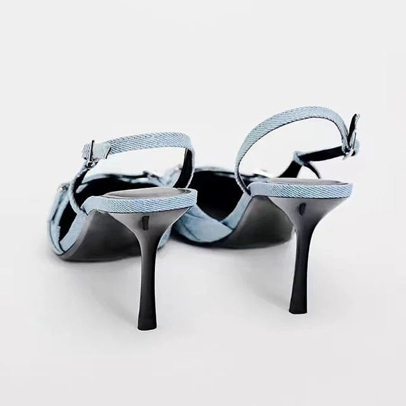 Blue Denim Fabric Slingbacks for Woman Cross Thin Buckle Strap Upper Stiletto Sandals Point Toe Thin Kitten Heel Pump