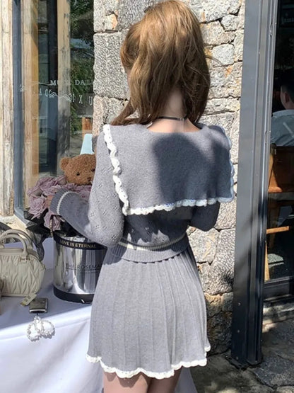 Y2k Sweet Knit Pleated Mini Skirts Suits Korean Preppy Style Two Pieces Set Female Slim Sweater New Outfits