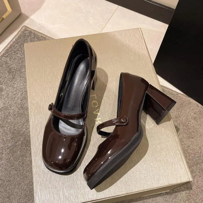 French Retro Leather Chunky Mary Jane Shoes Soft Soled Slipon High Heels Designer Jk Woman Shoes