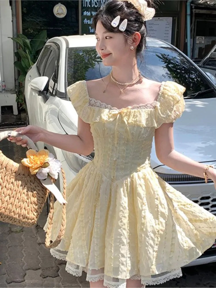 Summer New Sweet Lace Squarecollar Princess Woman Dresses Y2k Korean Preppy Style Slim Aline Mini Dress Vacation Beach