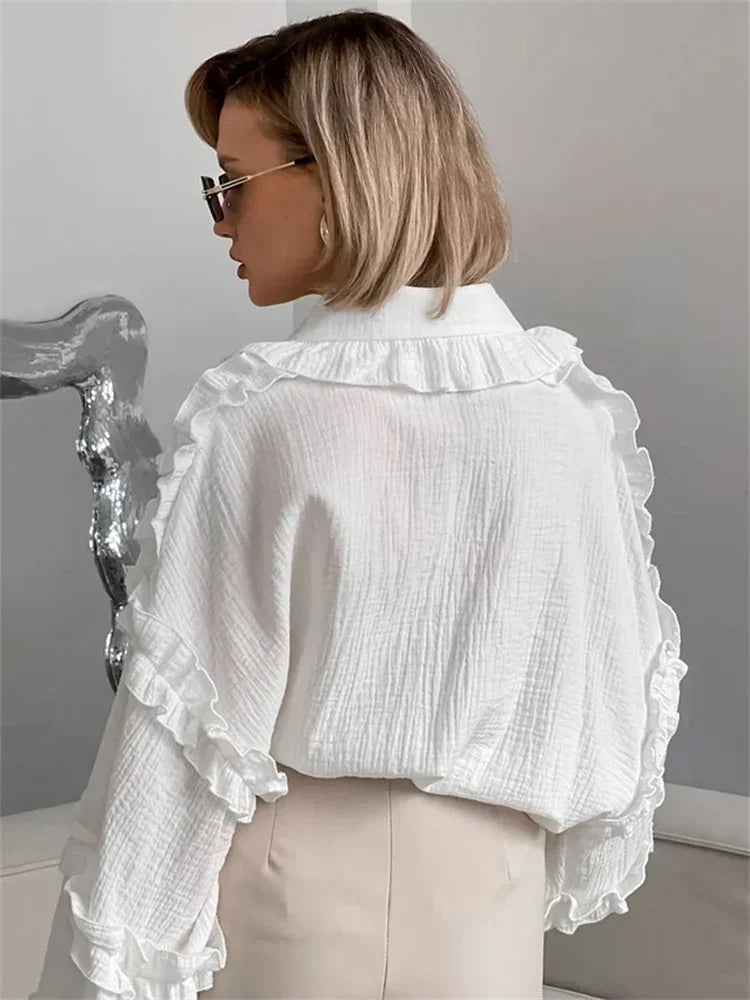 Ruffled White Loose Shirts for Long Sleeve Autumn Outwear Female Shirts Coat Summer New