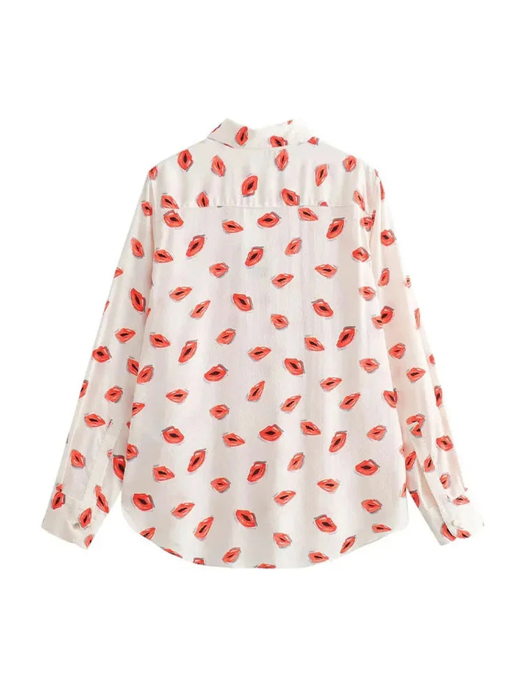 Summer Blouses Woman Lips Printed Lapel Long Sleeves Single Breasted Shirts Female Loose Shirt Top