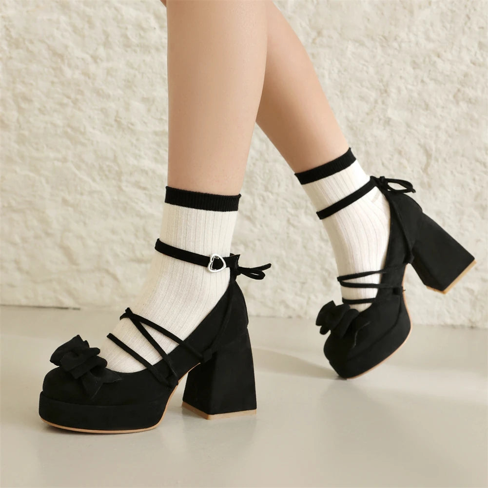 Lolita Bow Bow Decor Pumps Platform Chunky High Heels Ankle Strap Sweet Pumps for Girl Shoes