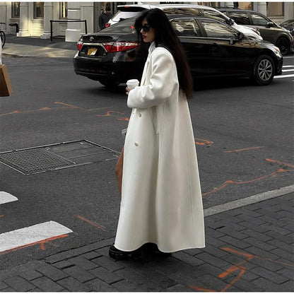 White Double Breasted Loose Woolen Coat Oversized Long Sleeve Overcoat Fall Winter New Outerwear