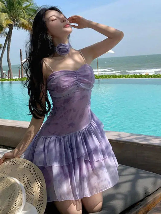 Summer Purple Print V Neck Backless Vacation Short Dresses Club Slim High Waist Pleated Slip Long Dress
