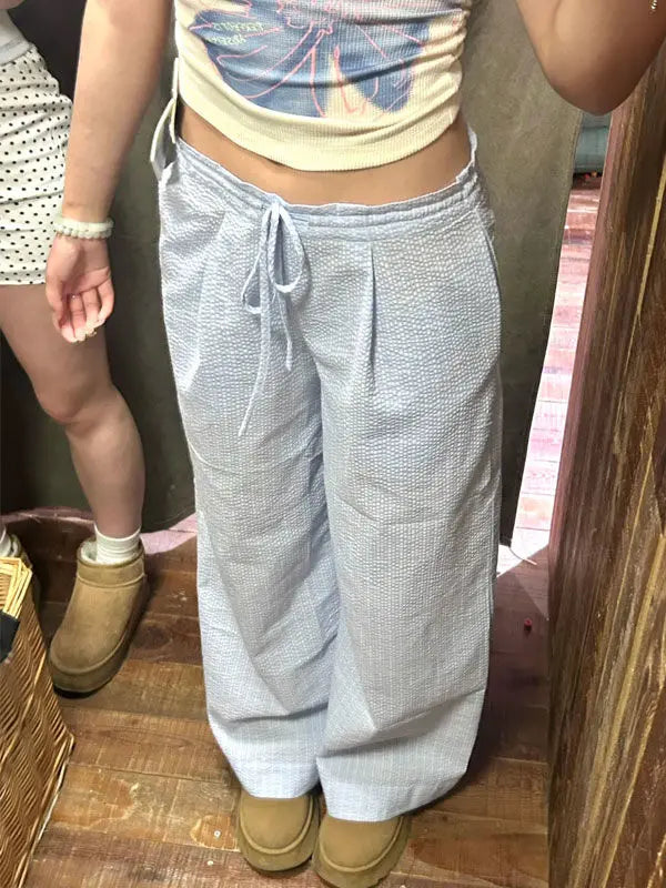 Summer Hot Retro American Lazy Style Straight Tube Loose Mid Low Waist Drawstring Plaid Pants