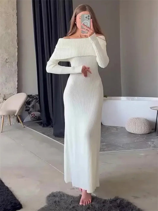Knit Long Dress Off-shoulder Female Ribbed Loose High Waist Autumn Party Dress Knitwear Maxi Dress