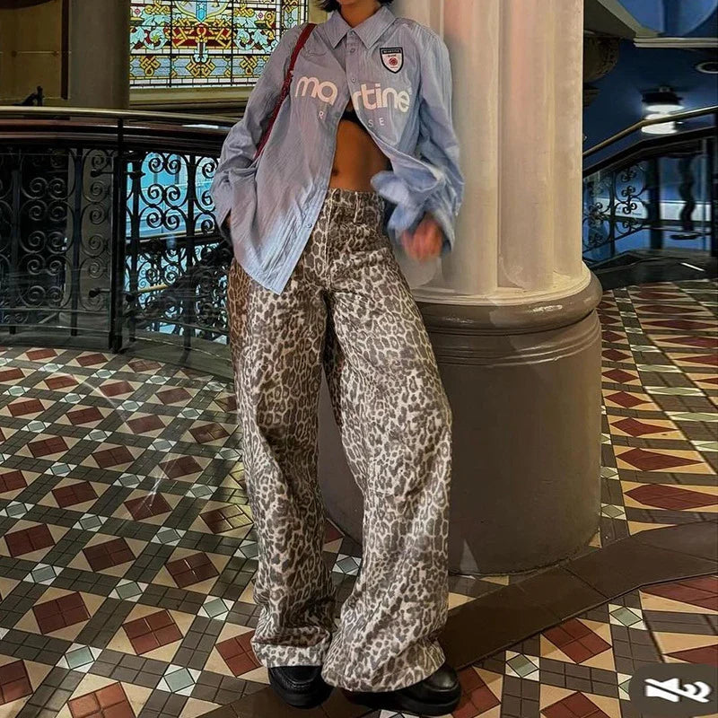 New Leopard Print Retro Straight Long Pants for Loose Slightly Flared Trousers Female Club Party Pants
