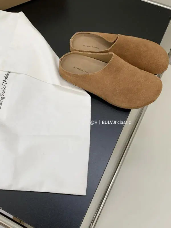Low Slippers Soft Flock Cover Toe Loafers Female Shoes Slides Platform Comfort Fabric Hoof Heels Rubber Pu Rome Shoes Ladie
