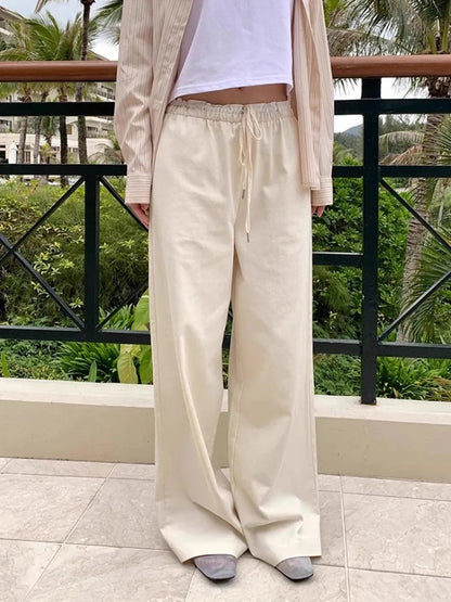 Mushroom Waist Splicing Lace Striped Spring Simple Niche Design Sense New High Waist Wide Leg Pants