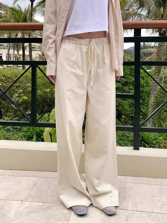 Mushroom Waist Splicing Lace Striped Spring Simple Niche Design Sense New High Waist Wide Leg Pants