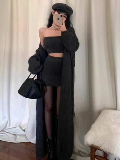Autumn Winter New Knitted 3-piece Skirt Set Long Cardigan Strapless Crop Top Mini Skirt Y2k Korean Knitwear New