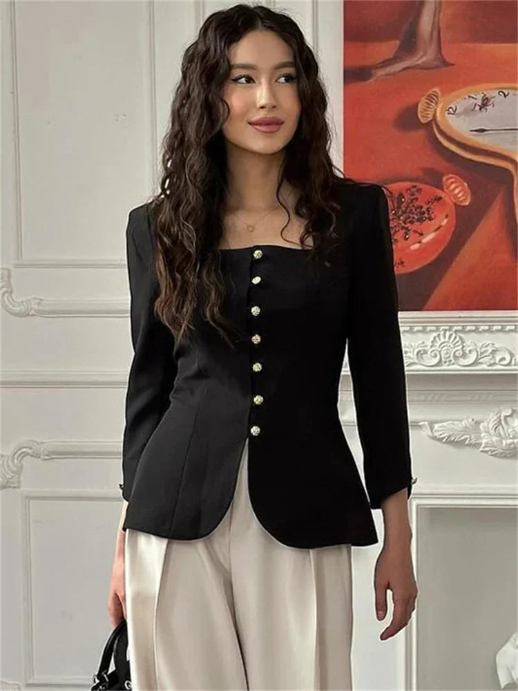 Autumn Square Collar Outwear Female Commute Cropped Long Sleeve Patchwork Cardigan Coat
