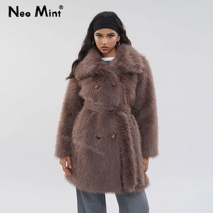Brand Belted Long Fluffy Faux Fur Coat Winter Thicken Warm Lapel Fox Fur Collar Furry Jacket Overcoat