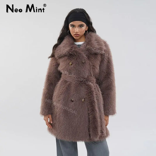 Brand Belted Long Fluffy Faux Fur Coat Winter Thicken Warm Lapel Fox Fur Collar Furry Jacket Overcoat