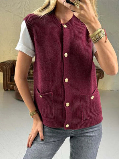 Pocket Cardigan Vest O Neck Single Breasted Sleeveless Knit Waistcoat New Simple Sweater Jacket