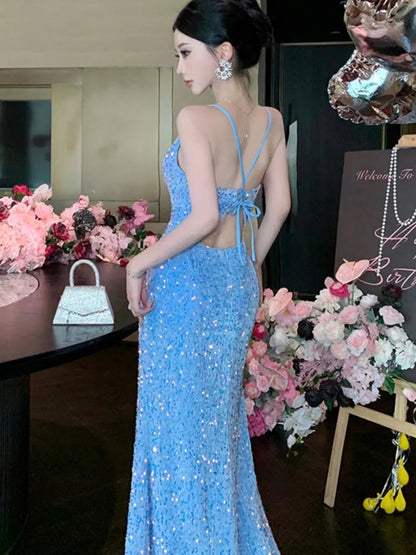 Blue Evening Gown Dresses Slim Backless Vneck Split Maxi Dress Robe Birthday Party Spring Autumn