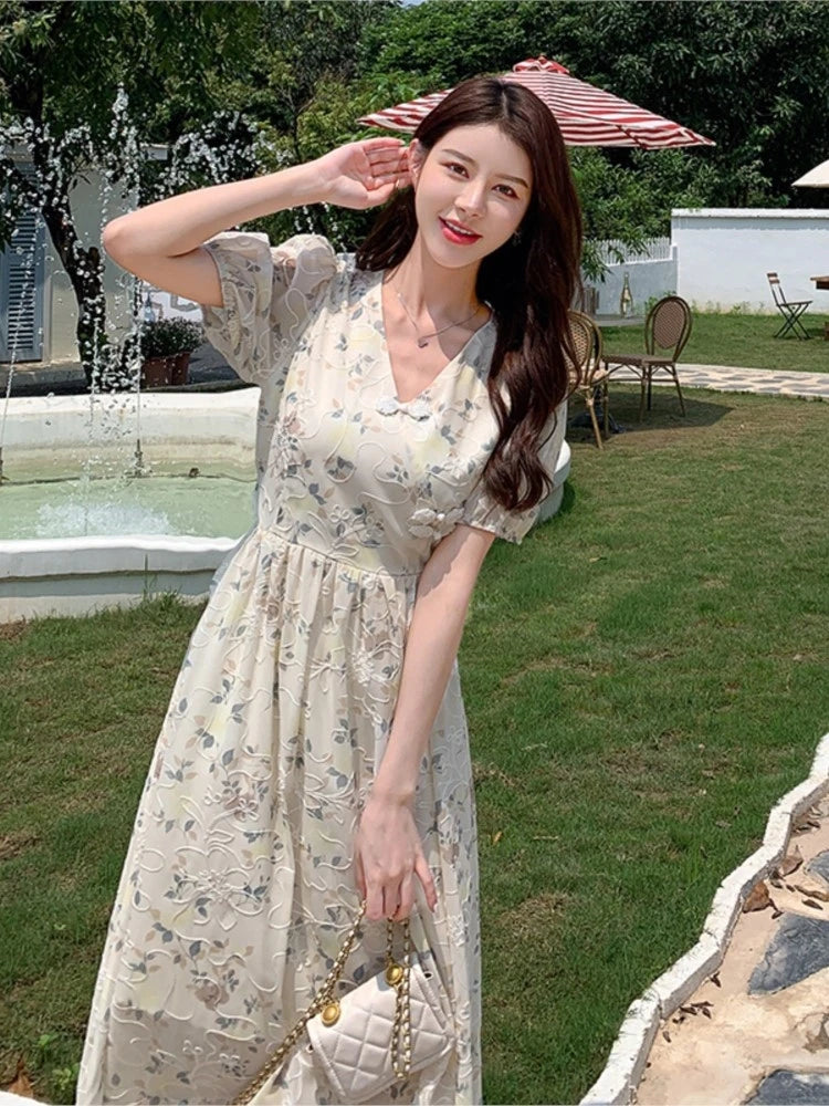 Summer New Chinese Style Midi Dresses for Printed V-neck Puff Sleeve A-line Dress One Piece Vestido