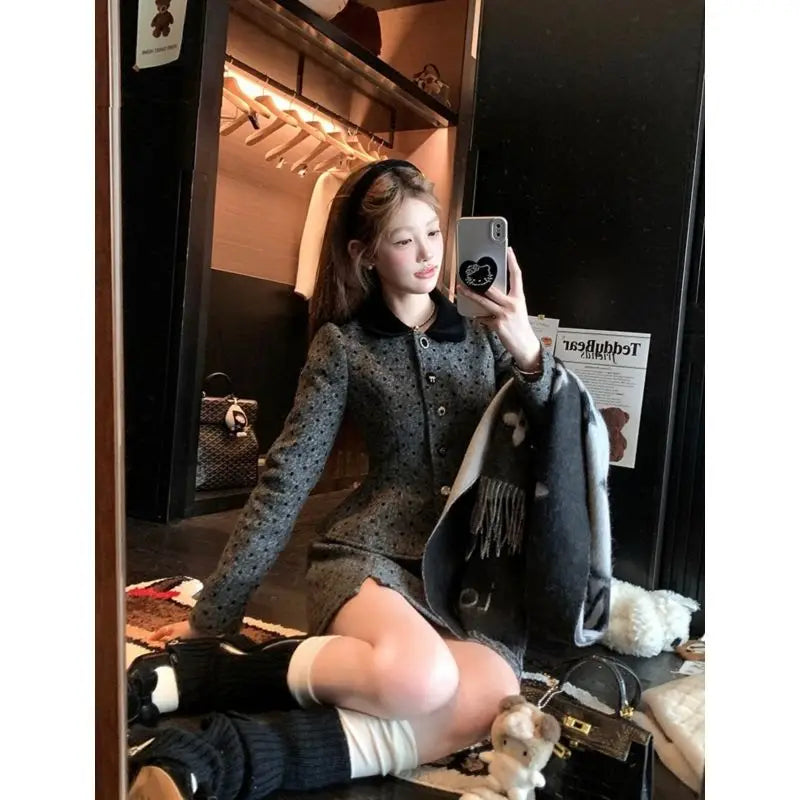 Sweet Hot Girl Suit Autumn Winter Polka Dot Short Coat High Waisted Aline Skirt Twopiece Set Female Clothes