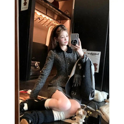 Sweet Hot Girl Suit Autumn Winter Polka Dot Short Coat High Waisted Aline Skirt Twopiece Set Female Clothes